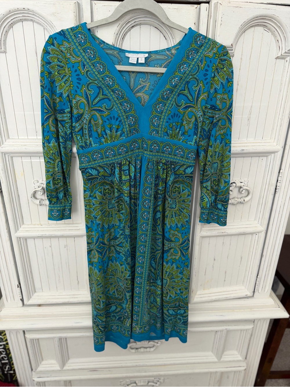 London Times Turquoise and Green Paisley V-Neck Long Sleeve Dress